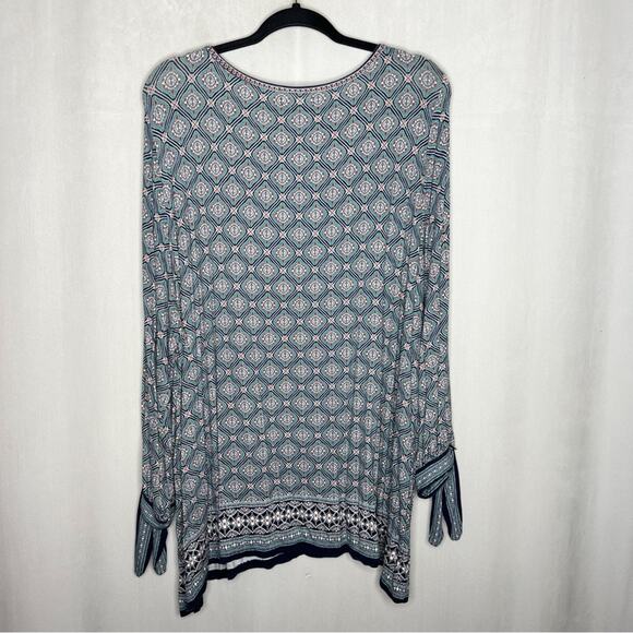 MAX STUDIO / teal blue white geometric patterned long sleeve tunic top / L - Picture 2 of 7